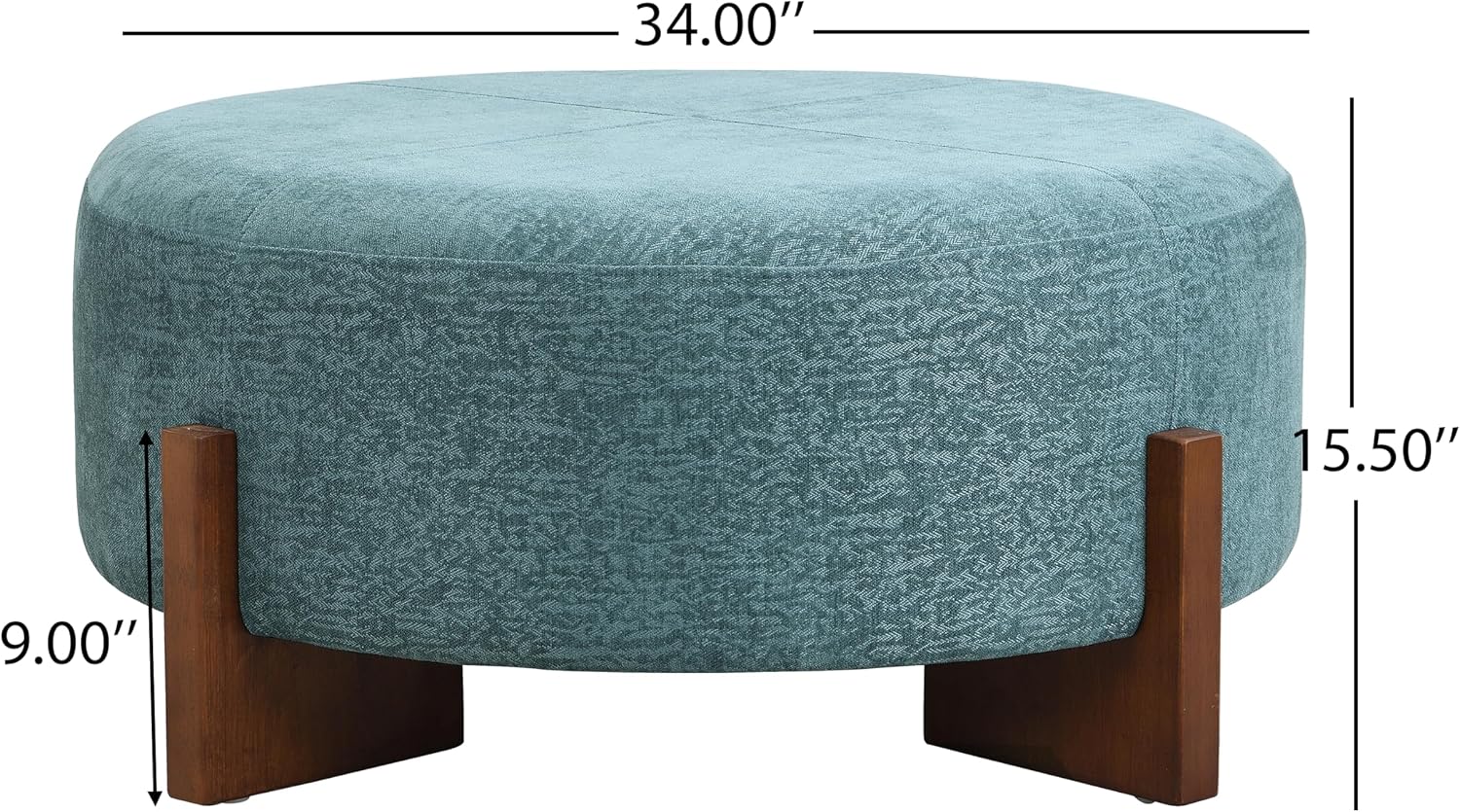Christopher Knight Home Holmes Modern Chenille Upholstered Ottoman Coffee Table, Wooden Round Cocktail Ottoman, Large Living Room Sofa Footstool/Footrest, Teal Blue+Walnut