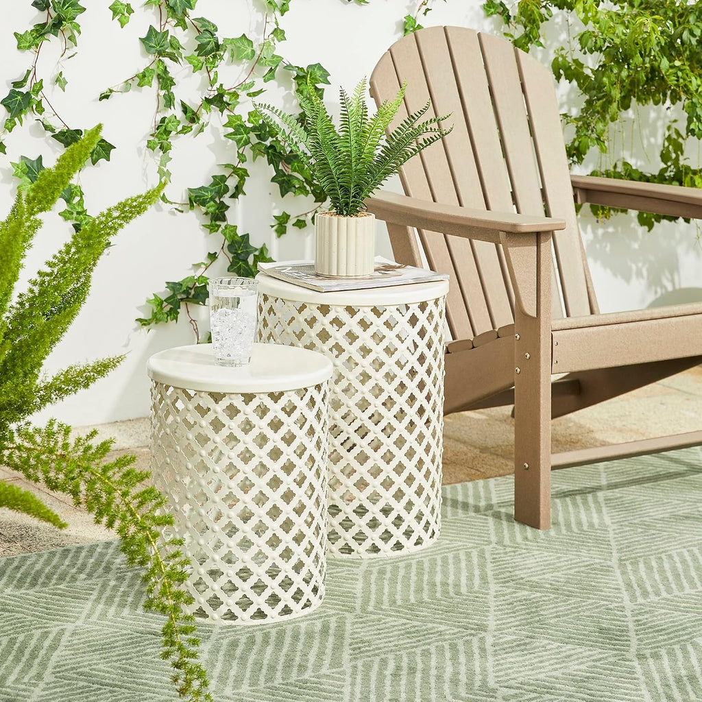 Glitzhome Accent Tables Living Room Set of 2, Round Metal Side End Table, Small Circle Coffee Bedside Table, Planter Stand for Couch Nightstand Bedroom Patio Backyard, Glossy White