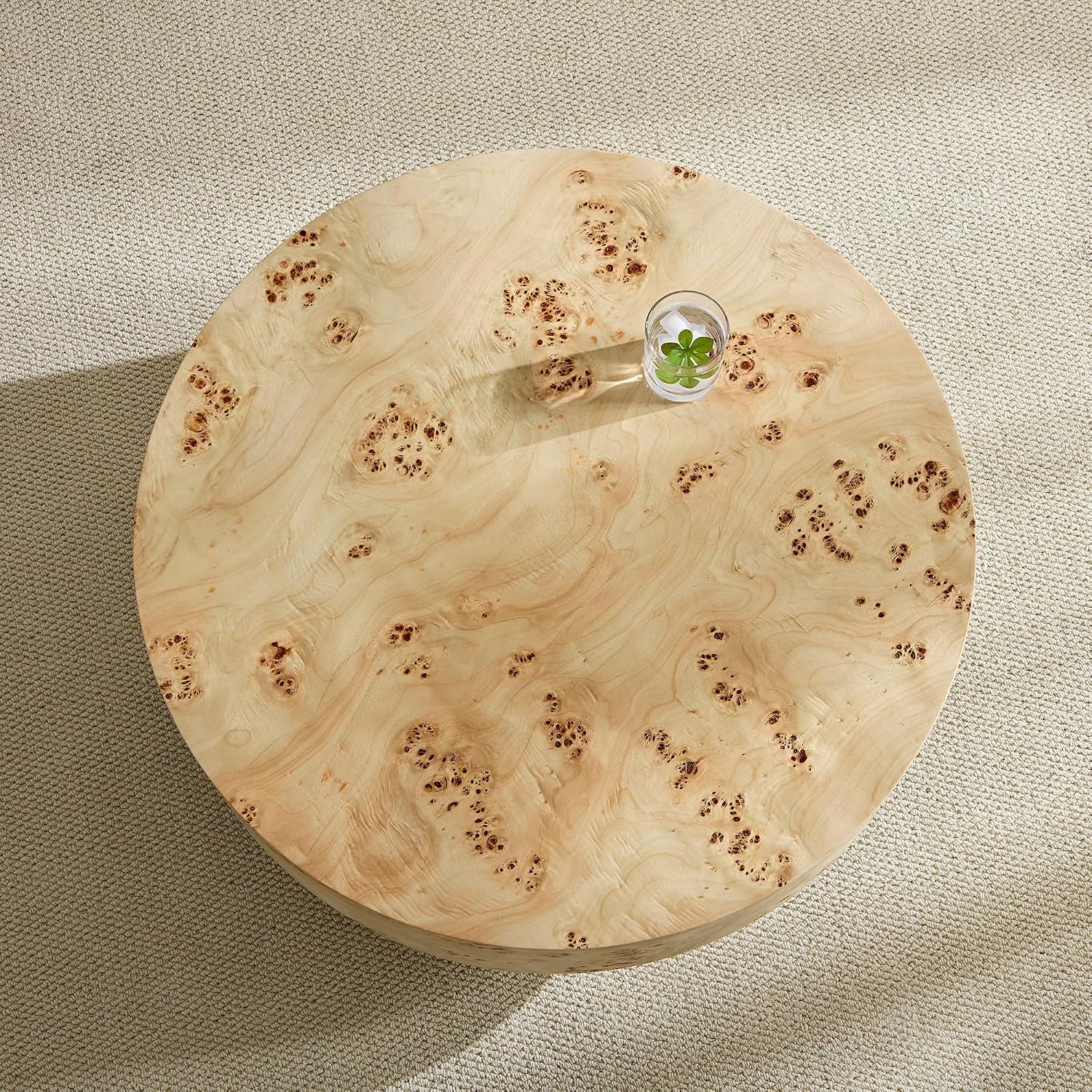 31.49'' Round Coffee Table Modern Wood Coffee Table for Living Room, Contemporary Circle Fluted Drum Pedestal Style, Burl Wood Veneer, Easy Assembly, Natural (ø31.49'' x 13.77'')
