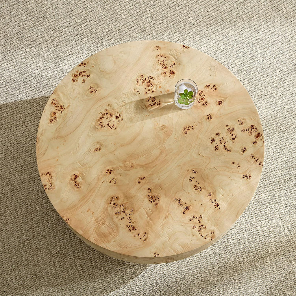 WILLIAMSPACE 31.49' Round Coffee Table with Burl Wood Veneer & Pedestal, Modern Wood Circle Drum Center Table for Living Room, Circular Accent Side End Table for Apartment, 13.77' H (Natural Burl)