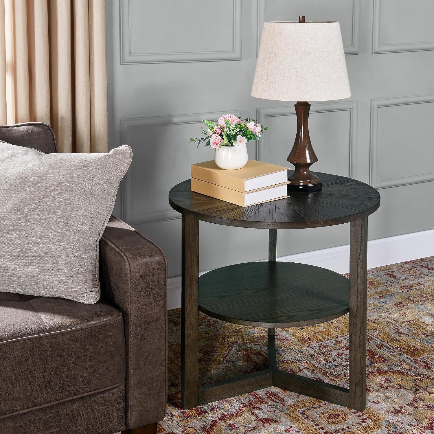PADMA HOUSE 25' Round Wood End Table, 2-Tier Solid Wood Rounded Accent Side Table Circle Nightstand Table with Storage Shelf Vintage Furniture for Home Living Room Bedroom,Black Brown 3338BK