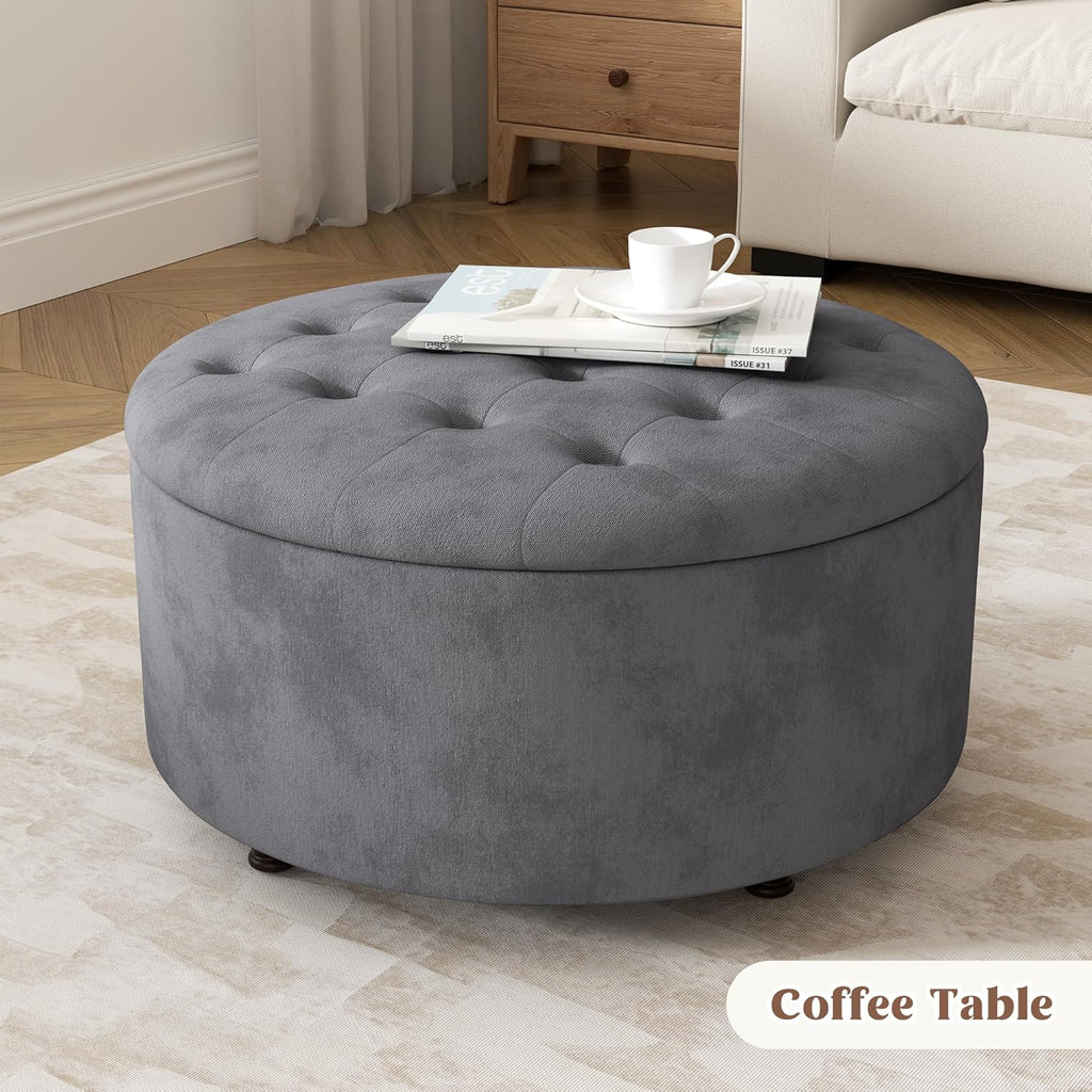 30 Inch Round Storage Ottoman,Modern Tufted Ottomans,Circular Coffee Table with Removable Top,Upholstered Large Ottoman with Storage Footrest Stool for Bedroom Living Room (Grey)