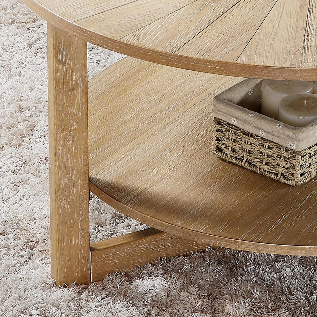 Round Coffee Table, 35' Circle Wood Coffee Table with Storage Shelf, 2 Tier Center Table for Living Room Apartment Home Furniture, Easy Assembly (Light Brown,35' Dx35 Wx18 H)