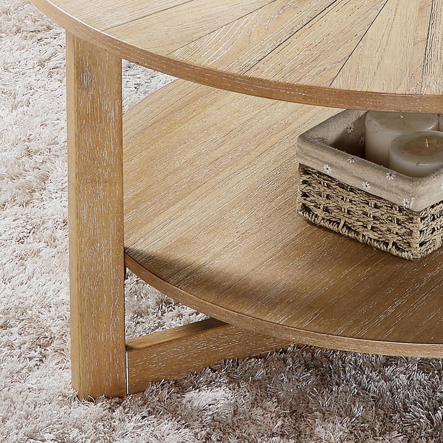 Round Coffee Table, 35' Circle Wood Coffee Table with Storage Shelf, 2 Tier Center Table for Living Room Apartment Home Furniture, Easy Assembly (Light Brown,35' Dx35 Wx18 H)