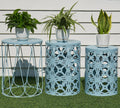 HFHOME Set of 3 Metal Outdoor Side Table, Nesting Round Coffee Table for Indoor Outdoor, Heavy Duty End Tables Plant Stand Living Room Garden Stool - Blue