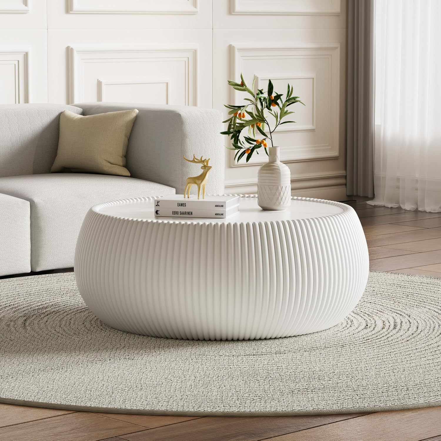 27.55' Round Marble Coffee Table,White Fluted Coffee Table with White Sintered Stone Top & PU Leather Covered, Modern Drum Coffee Cocktail Center Tables for Living Room,No Need Assembly