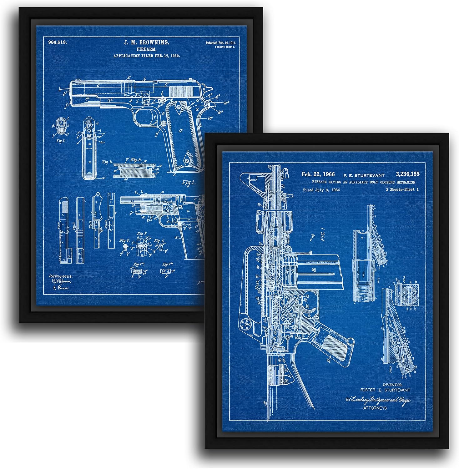 Personal-Prints Firearm Patent Art | Vintage Wall Art, Office, Bedroom Decor | 2nd Amendment & Choice of Unique Gun Art Gifts | USA Made (2 Piece Set, Blueprint, 20'x24' Float Framed Canvas)