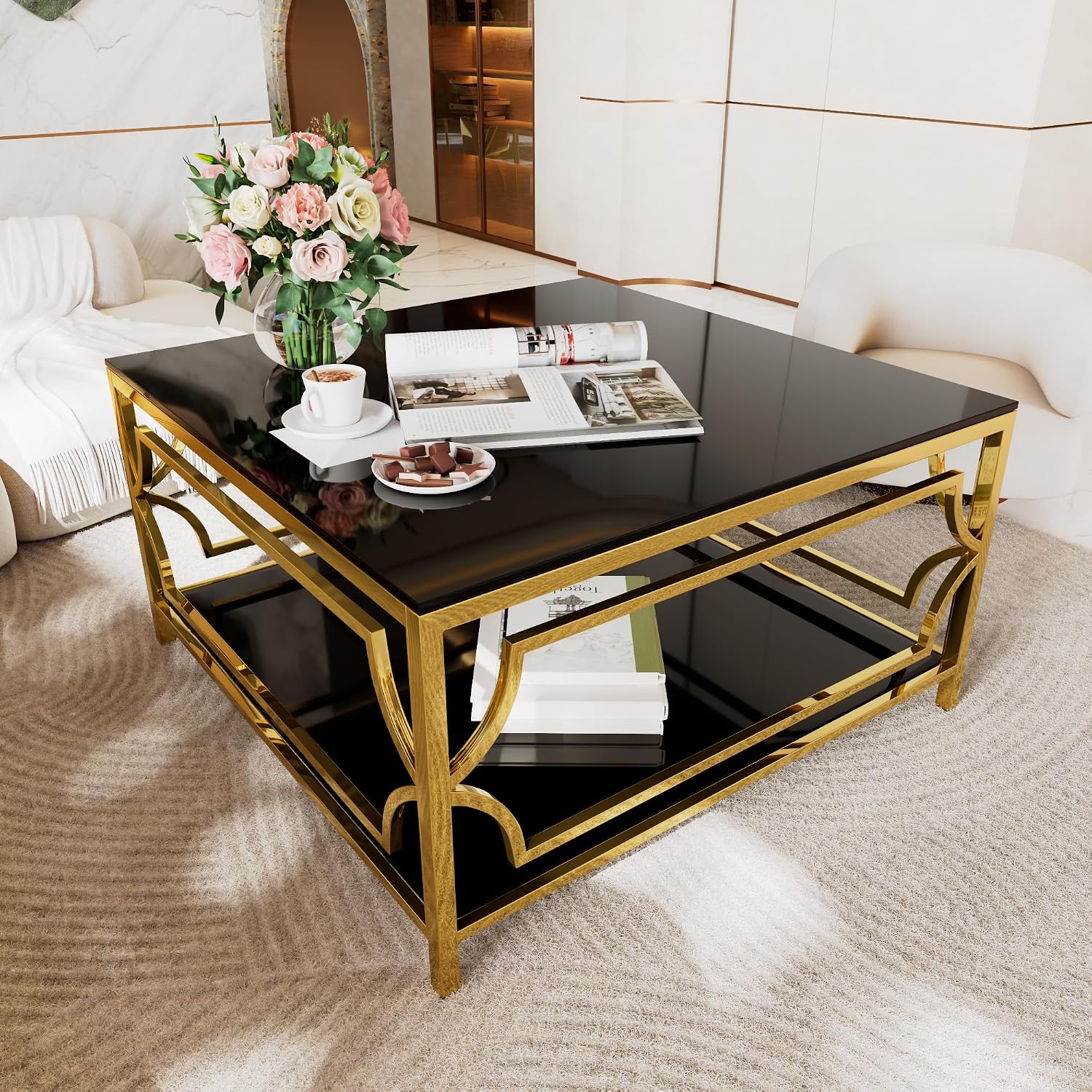 33.5'' Tempered Glass Square Coffee Table for Living Room, 2-Tier Modern Coffee Table, Black Mirror Tabletop & Metal Base, Easy Assembly, Black & Gold