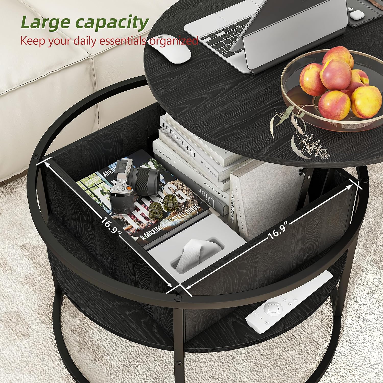 HOJINLINERO Round Lift Top Coffee Table,with Storage Hidden Compartment,Wood Farmhouse Coffee Table Decor