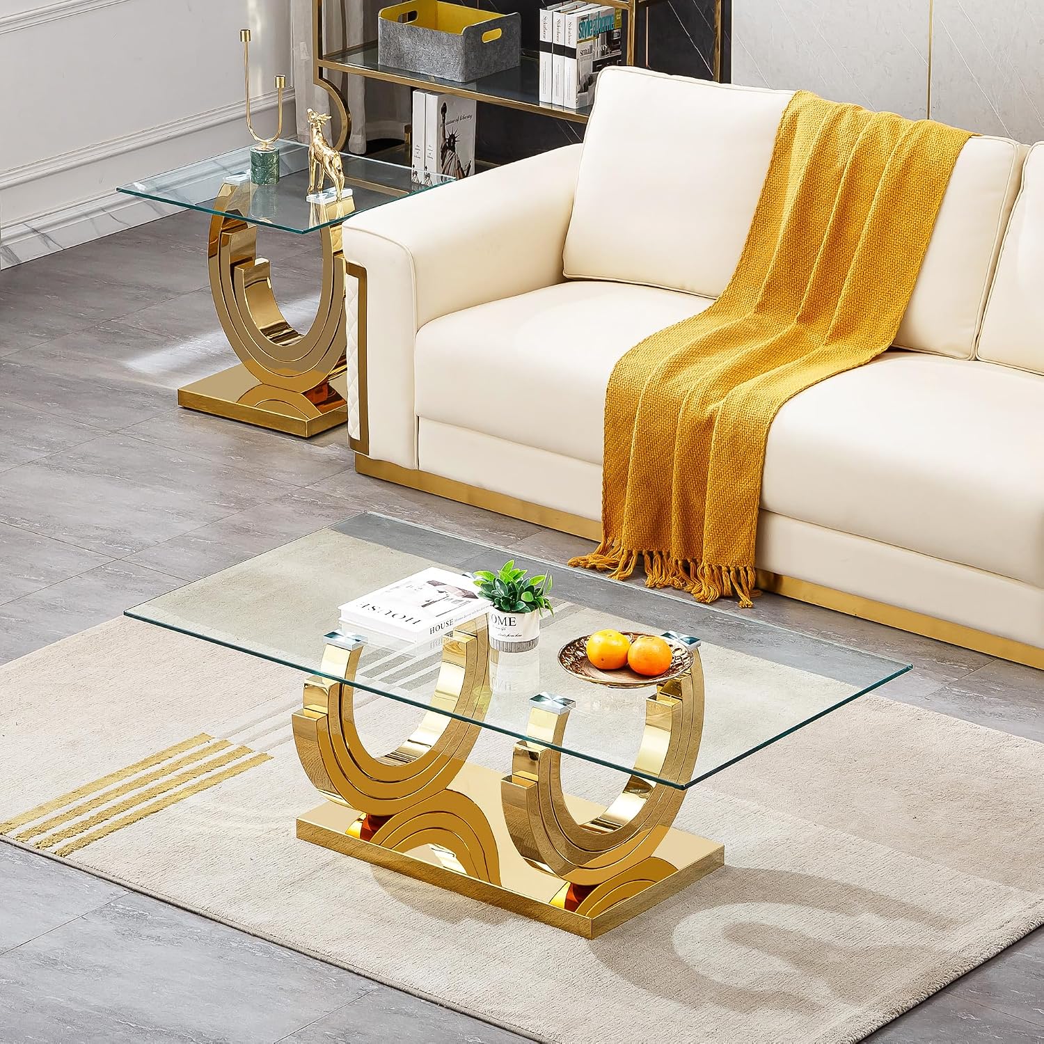 3 Pieces Living Room Table Set, Glass Coffee Table Set of 3, Modern Coffee Table, Console Table and End Table with Three U-Shaped Stainless Steel Base for Living Room (Gold)