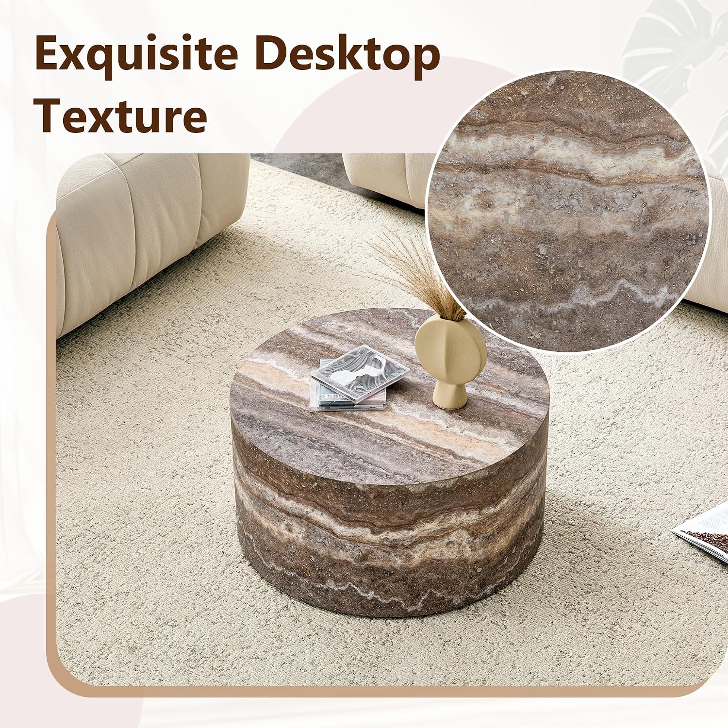 Round Coffee Table, 23.6' Modern Grey Faux Marble Drum Coffee Table, Round Accent Center Table for Living Room Apartment Small Spaces, No Assembly Required