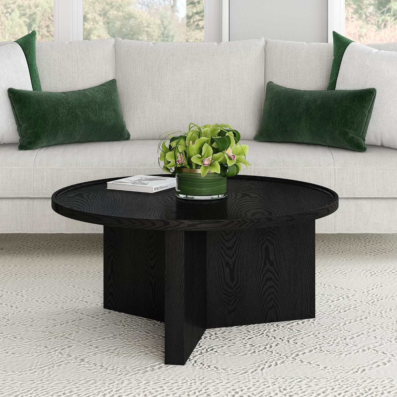 Henn&Hart 32' Round Wood Pedestal Low-Profile Coffee Table for Living Room, Family Room, Office or Apartment, Natural Black