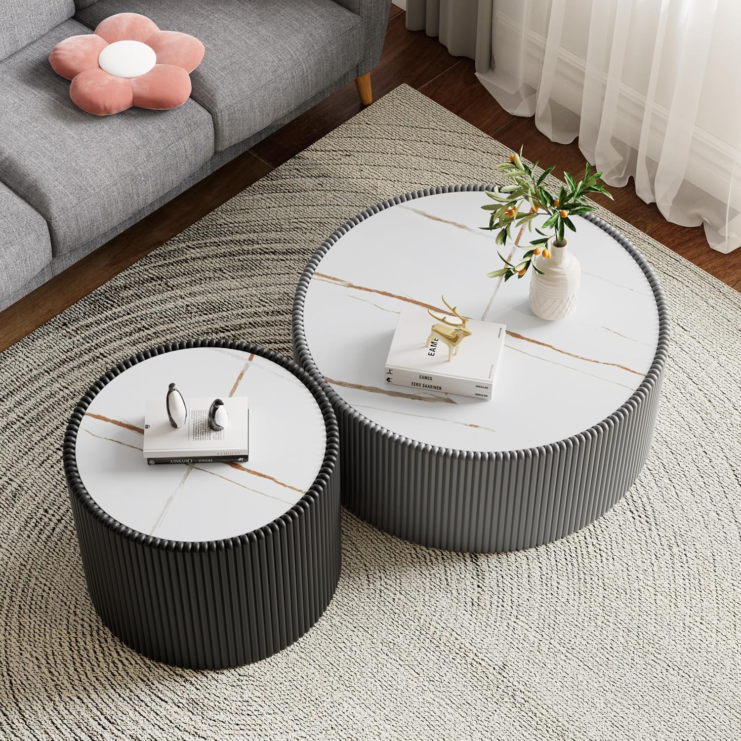 Modern Round Coffee Table Set of 2 Luxury Sintered Stone Top Coffee End Table in Grey/Black Leatherette Drum-Shape Small Coffee Side End Tables for Living Room,Fully Assembled