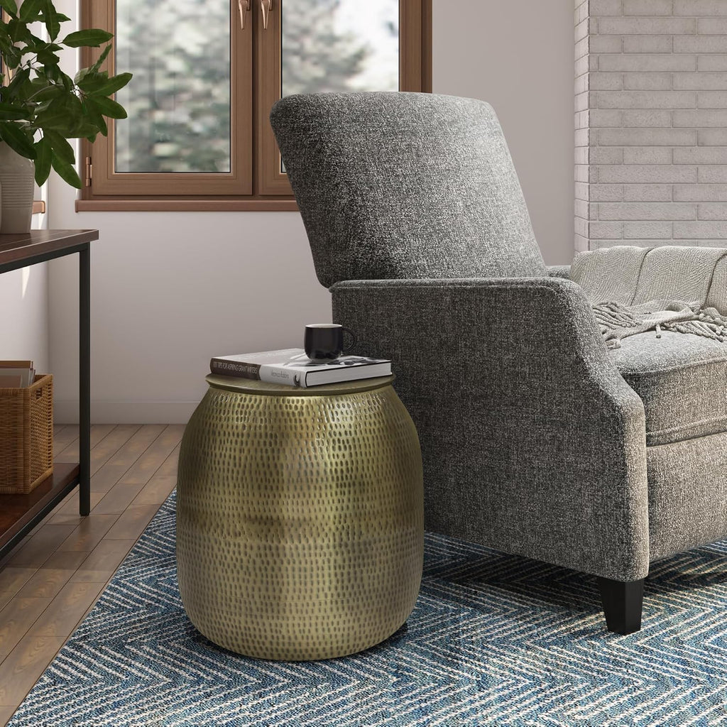 SIMPLIHOME Griffen Metal Storage Accent Table - 19 inch Wide Solid Metal Round Drum Side Table in Antique Gold, Contemporary End Table for Living Room with Hidden Storage Space, Assembled