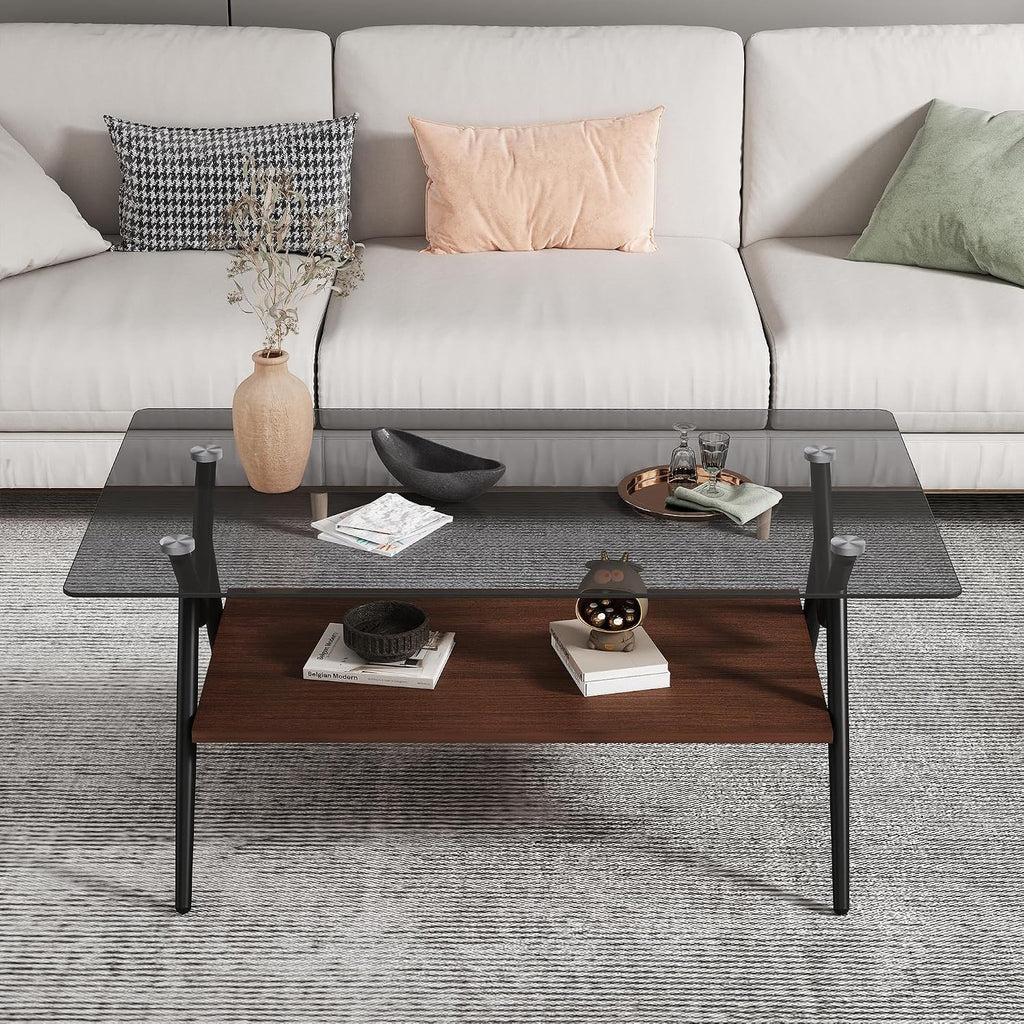 Grey Glass Coffee Table Sets of 3 Modern Living Room Table Set End Tables with Black Metal Legs and Walnut Bottom Shelf, Center Cocktail Furniture (Grey Brown)