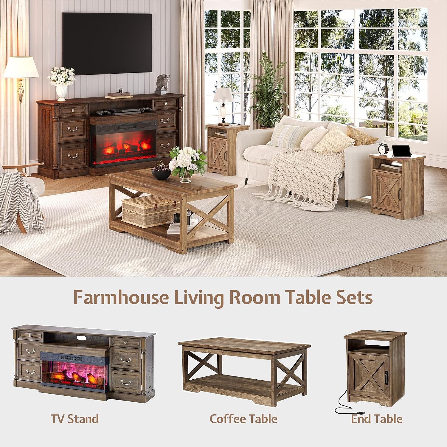LUXOAK 3-Piece Farmhouse Living Room Table Sets, Includes 1 x Coffee Table, 2 x End Tables with Charging Station & USB Ports, Rustic Coffee Table Set of 3, Barnwood