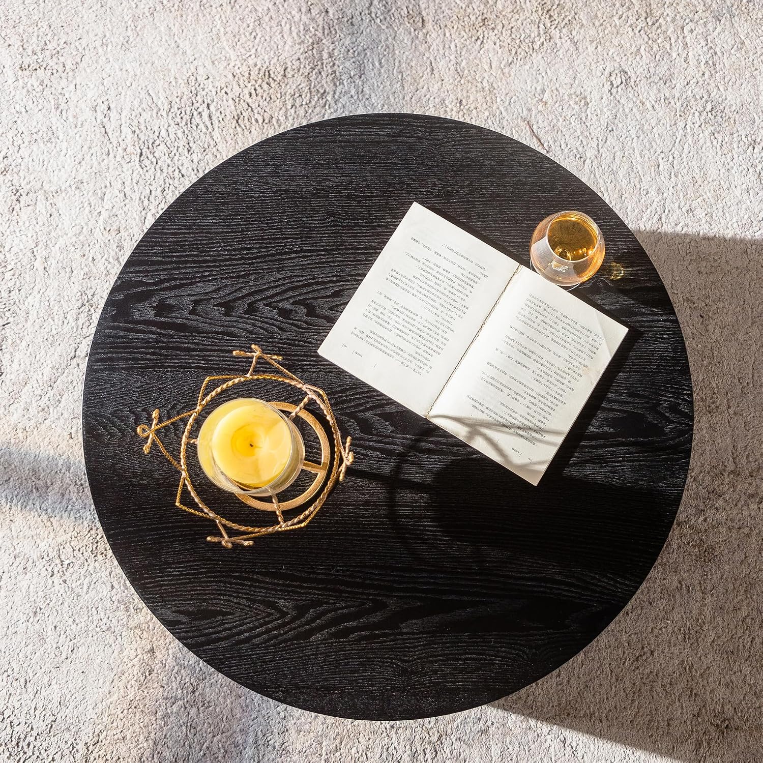 ø27.55'' Round Lift Top Coffee Table with Hidden Storage Space, Modern Drum Handcraft Wood Fluted Coffee Table for Living Room, No, Assembly, Black