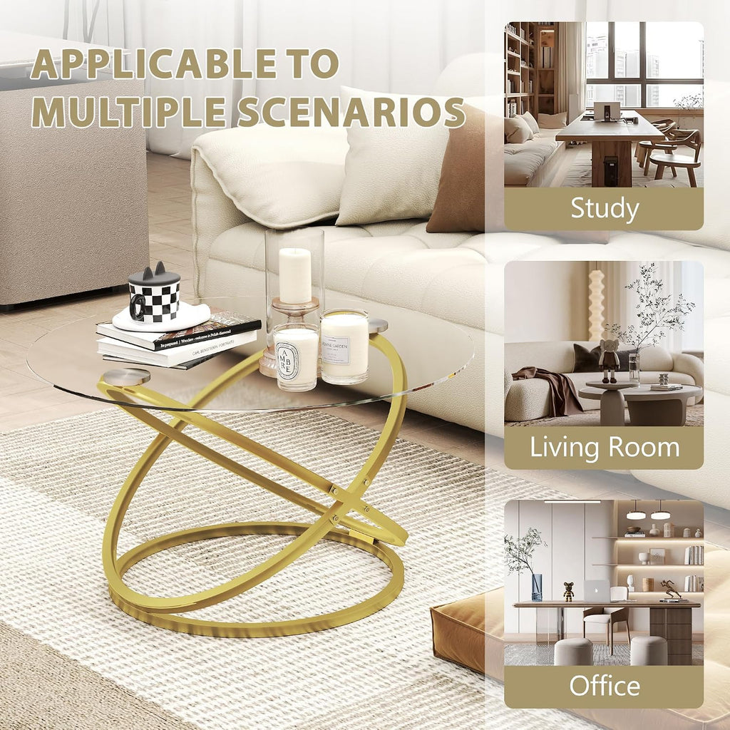 Glass Coffee Table, Round Coffee Table with Ring Gold Metal Frame, Large Modern Minimalist Coffee Table for Decoration, Coffee Tables for Living Room, Study Room, Office