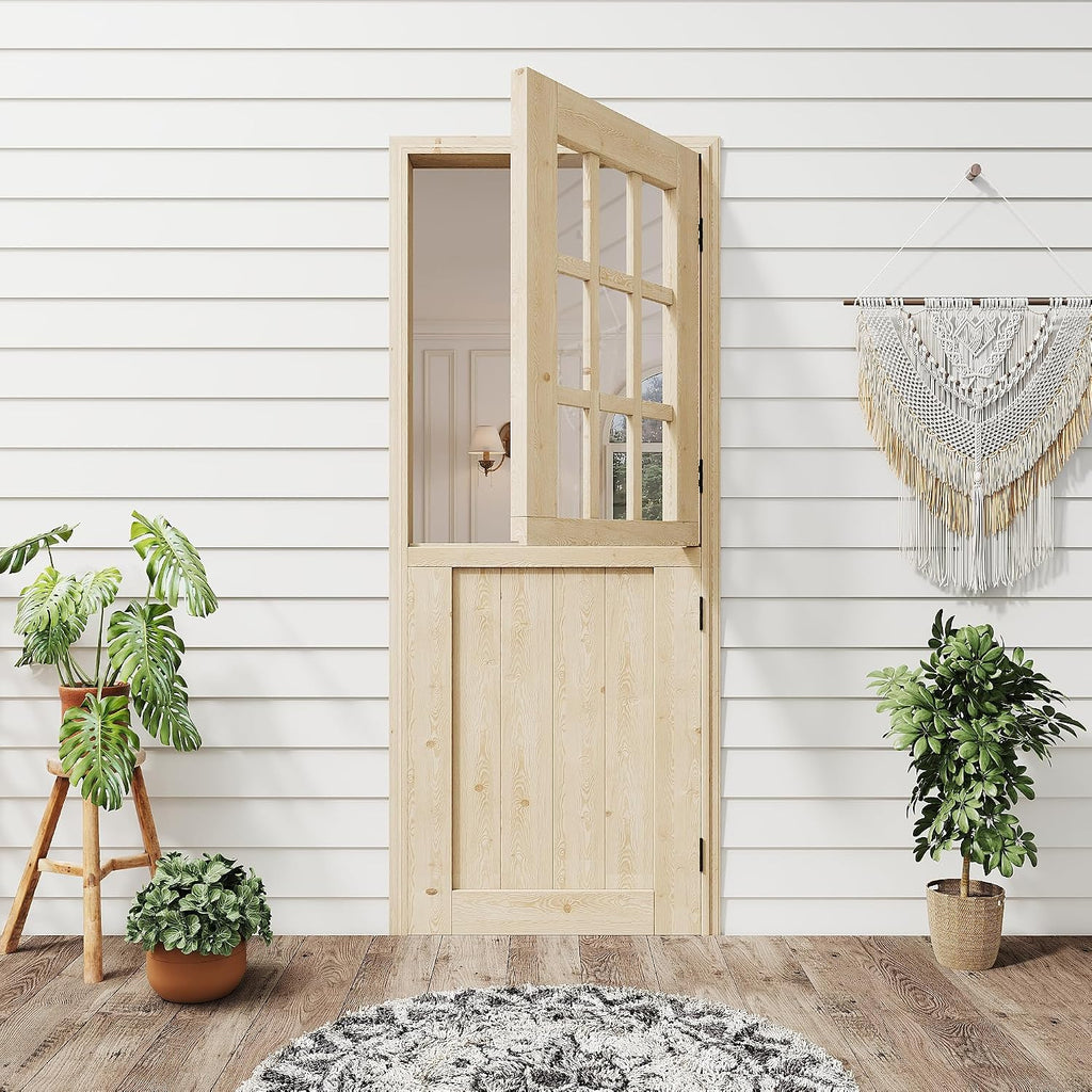 30' x 80' Dutch Door with Threshold, 1.75' Pine with 9-Lite Glass Split Half Door for Exterior Front Entry, Patio Doorway & Interior Pantry/Back w/1 Door Slab+1 Sill+4 Hinges+1 Latch