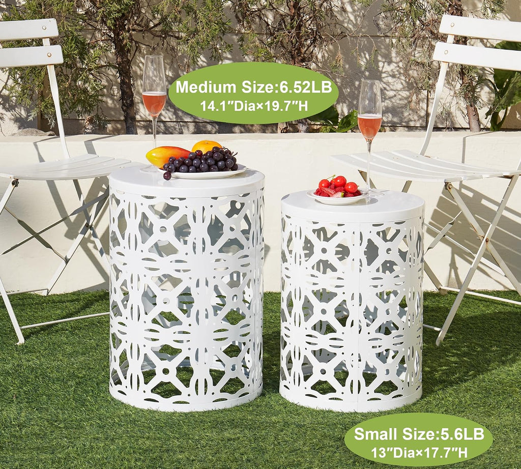 HFHOME Set of 3 Metal Outdoor Side Table, Nesting Round Coffee Table for Indoor Outdoor, Heavy Duty End Tables Plant Stand Living Room Garden Stool - White