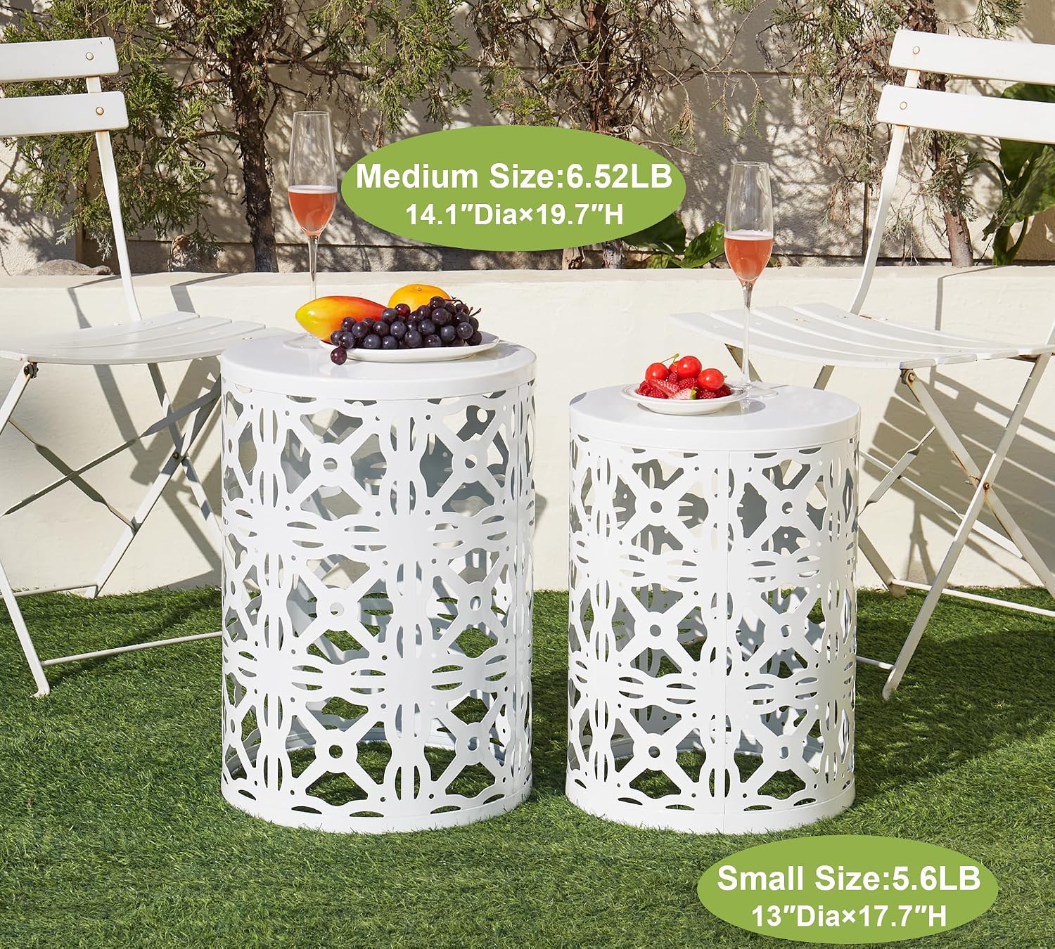 HFHOME Set of 3 Metal Outdoor Side Table, Nesting Round Coffee Table for Indoor Outdoor, Heavy Duty End Tables Plant Stand Living Room Garden Stool - White