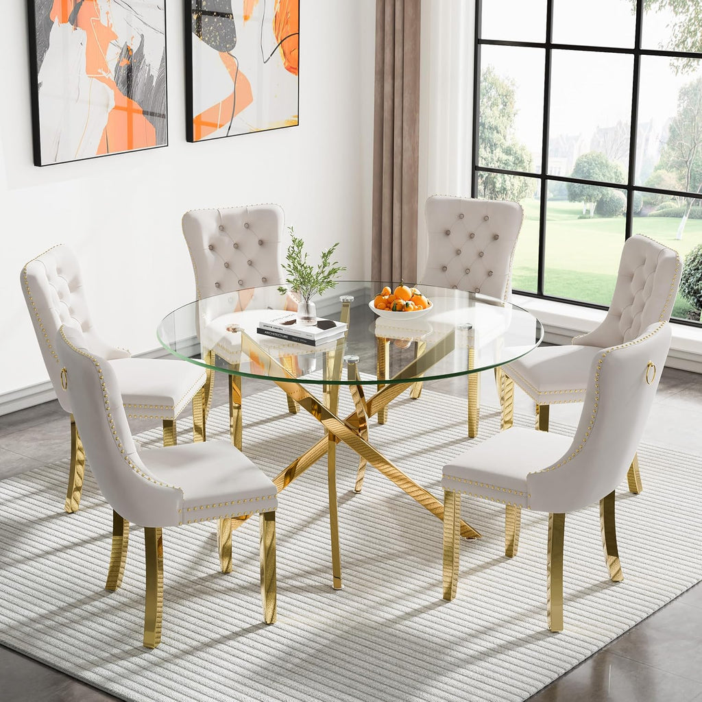 47' Small Dining Table Set of 6, Tempered Glass Round Dining Table and 6 Beige Velvet Dining Chairs, Luxury 7 Piece Circle Kitchen Dining Room Tables Set with Gold Chrome Metal X-Legs