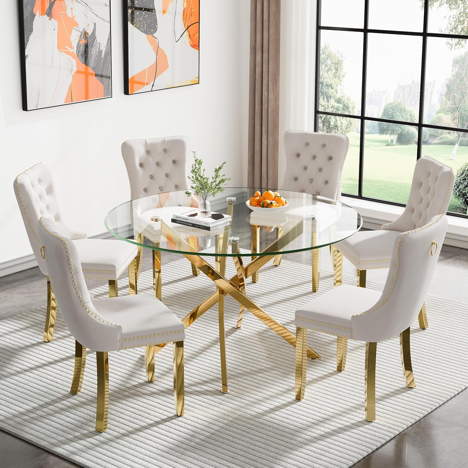 47' Small Dining Table Set of 6, Tempered Glass Round Dining Table and 6 Beige Velvet Dining Chairs, Luxury 7 Piece Circle Kitchen Dining Room Tables Set with Gold Chrome Metal X-Legs