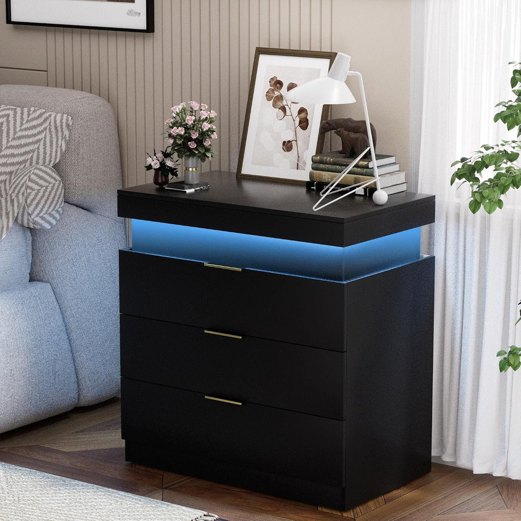 Black Nightstand with Charging Station and LED Lights,30.5 Inch Tall Night Stand with Sliding Top for Bedroom, Bedside Table with 3 Drawers, Modern End Side Table for Living Room