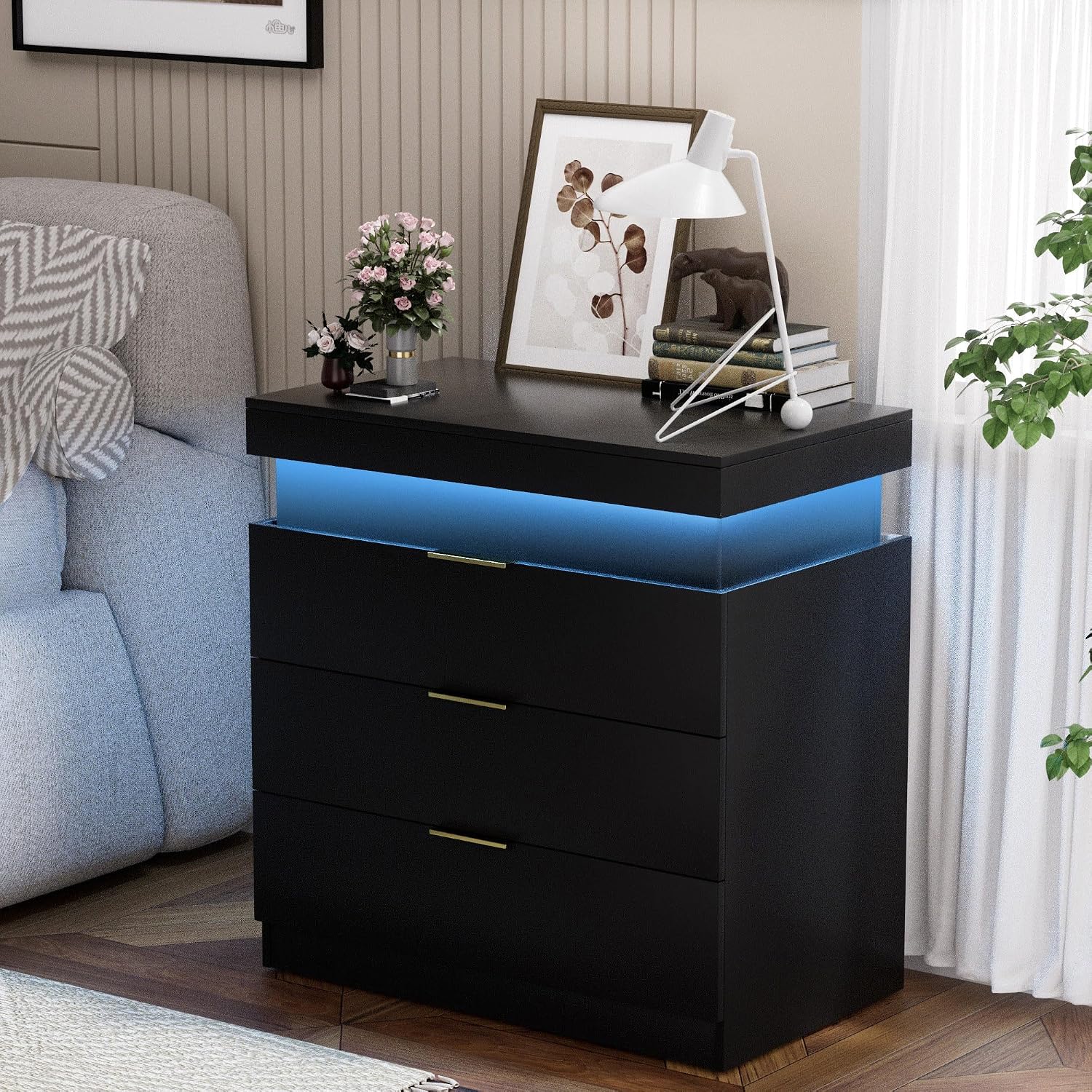 Black Nightstand with Charging Station and LED Lights,30.5 Inch Tall Night Stand with Sliding Top for Bedroom, Bedside Table with 3 Drawers, Modern End Side Table for Living Room