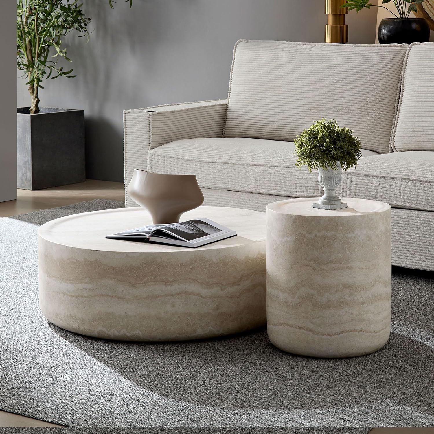 WILLIAMSPACE Round Coffee Table Set of 2, Modern Circle Drum Faux Marble Center Tables with Mars Pattern, Fiberglass Stone Tea Table Set for Living Room, No Need Assembly (35.43'' &15.74'')