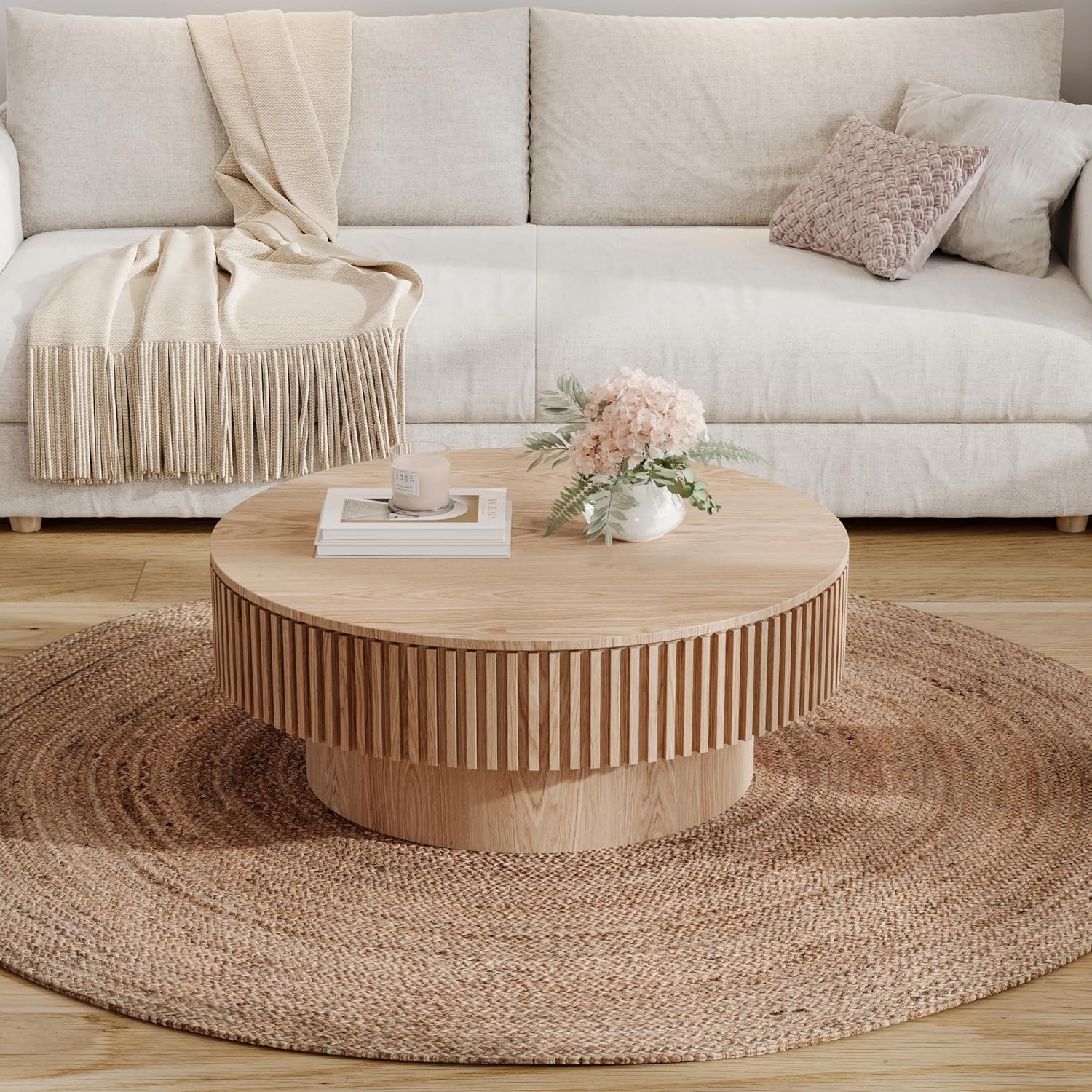 31.5' Round Coffee Table with Hidden Storage Compartment, Modern Handcraft Fluted Drum Coffee Table, Wooden Circle Center Table Cocktail Tea Table with Sturdy Pedestal for Living Room,Natural