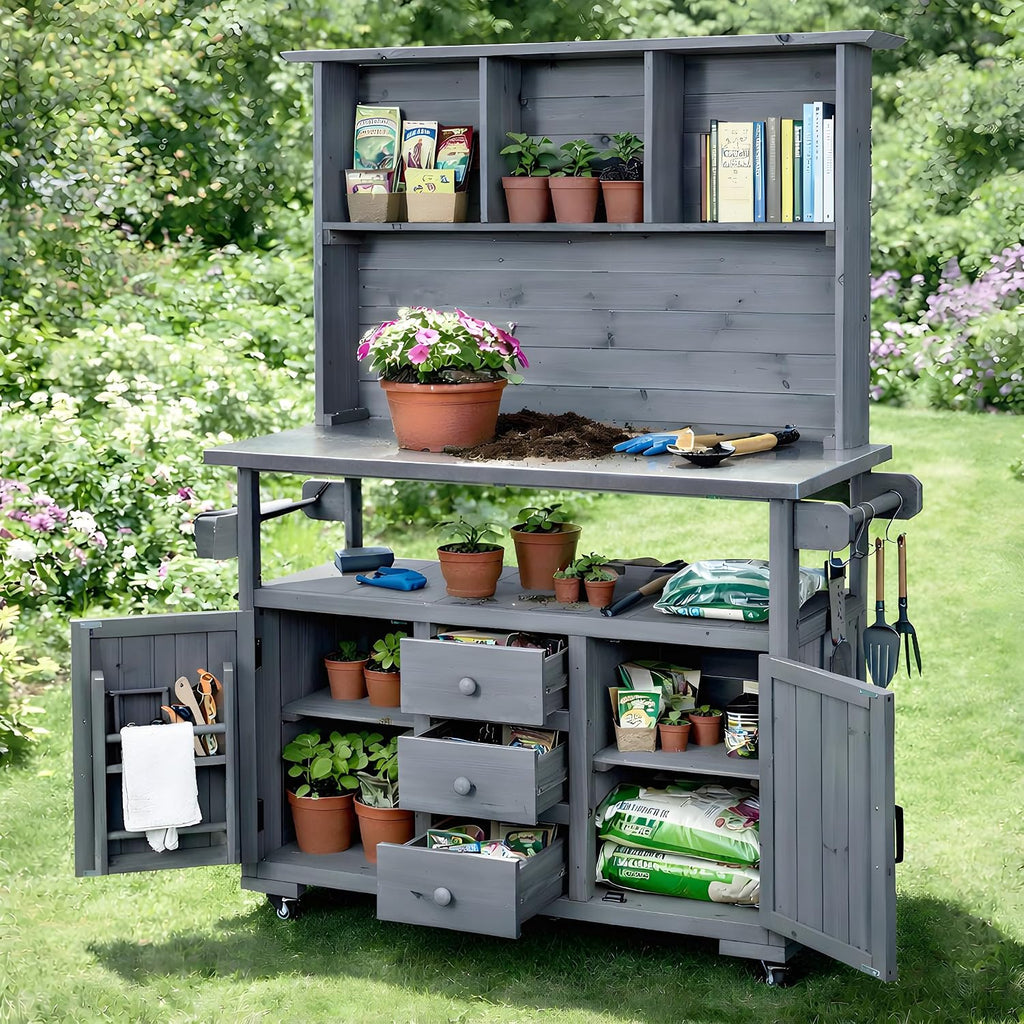 Merax 65''H Large Garden Storage Potting Bench with Lockable Wheels, Wood Outdoor Kitchen Island with Stainless Steel top, Drawers, Door Shelves and Hutch for Grilling, Gray