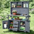 Merax 65''H Large Garden Storage Potting Bench with Lockable Wheels, Wood Outdoor Kitchen Island with Stainless Steel top, Drawers, Door Shelves and Hutch for Grilling, Gray