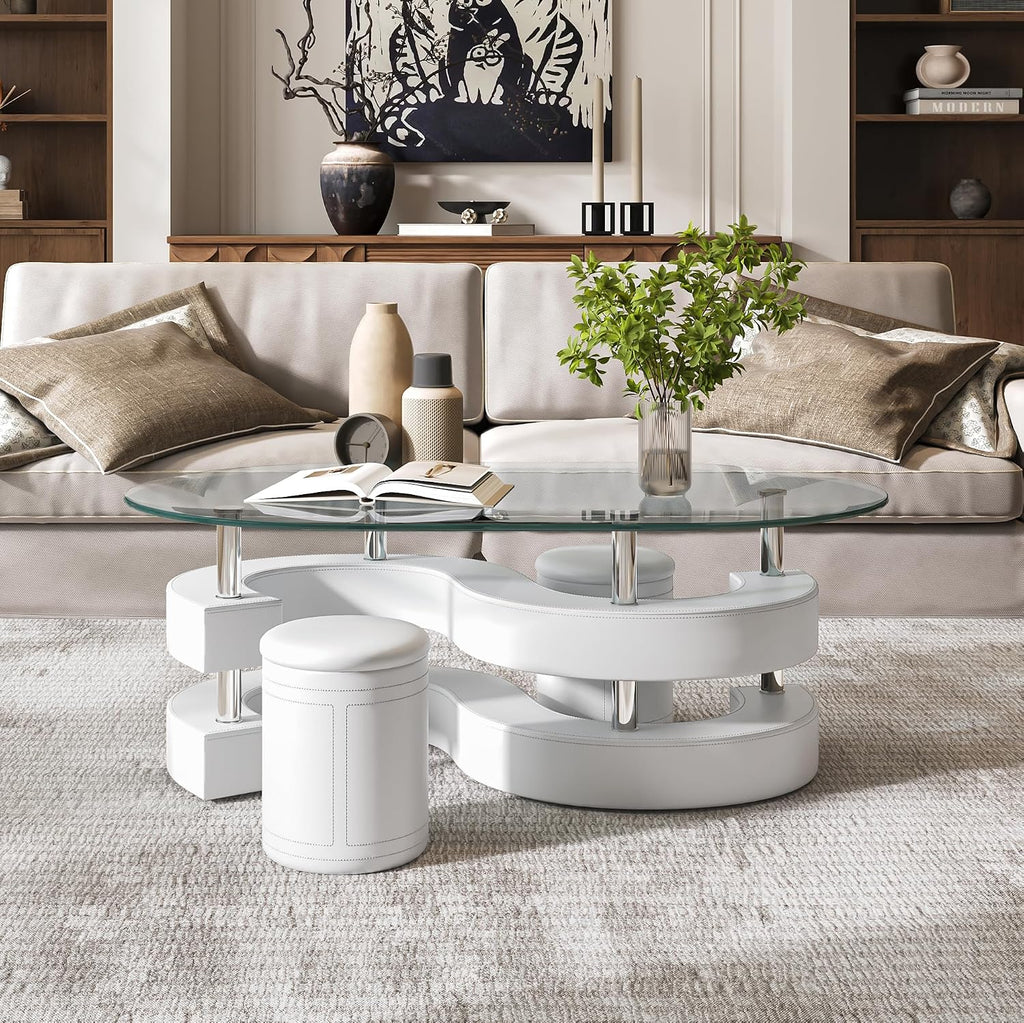 Glass Coffee Table Set with 2 Stools, 49' Oval Coffee Table with Tempered-Glass Table Top and 2 Leather Stools, Modern Center Table Set for Living Room, Home Office