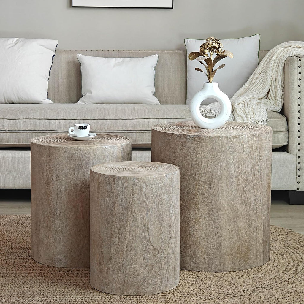KEVINSPACE Living Room Coffee Table Set of 3, Includes ø18.3 Round Modern Coffee Table, ø15.2'' Drum End Table, ø12.2 Side Table, Round 3-Piece Occasional Table Set Circle Wood Coffee Table