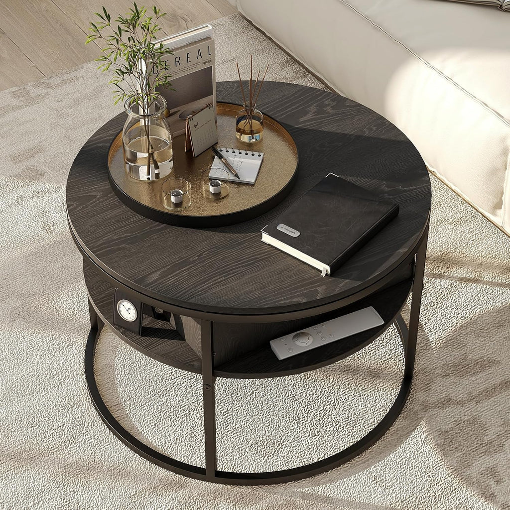 HOJINLINERO Round Lift Top Coffee Table,with Storage Hidden Compartment,Wood Farmhouse Coffee Table Decor