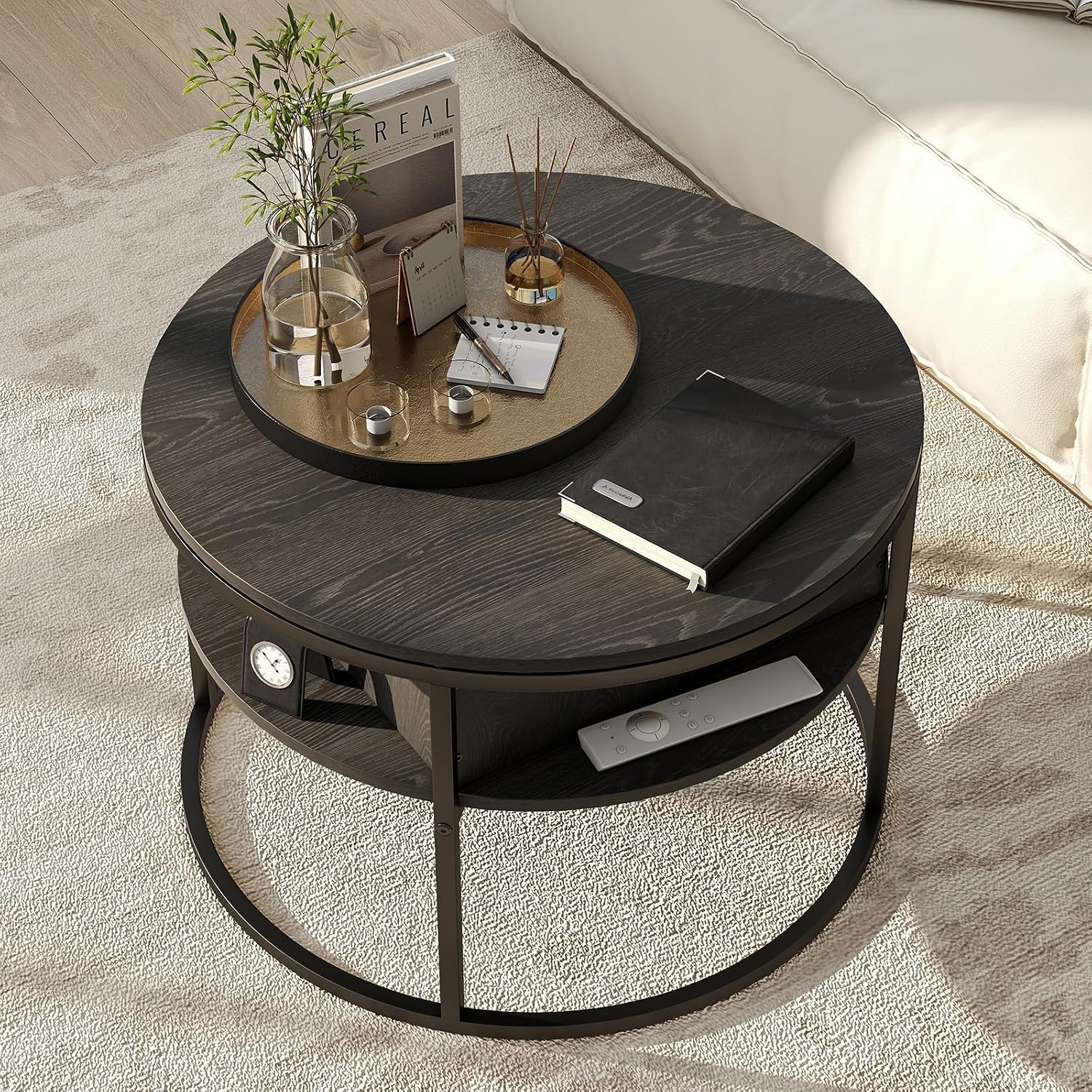 HOJINLINERO Round Lift Top Coffee Table,with Storage Hidden Compartment,Wood Farmhouse Coffee Table Decor