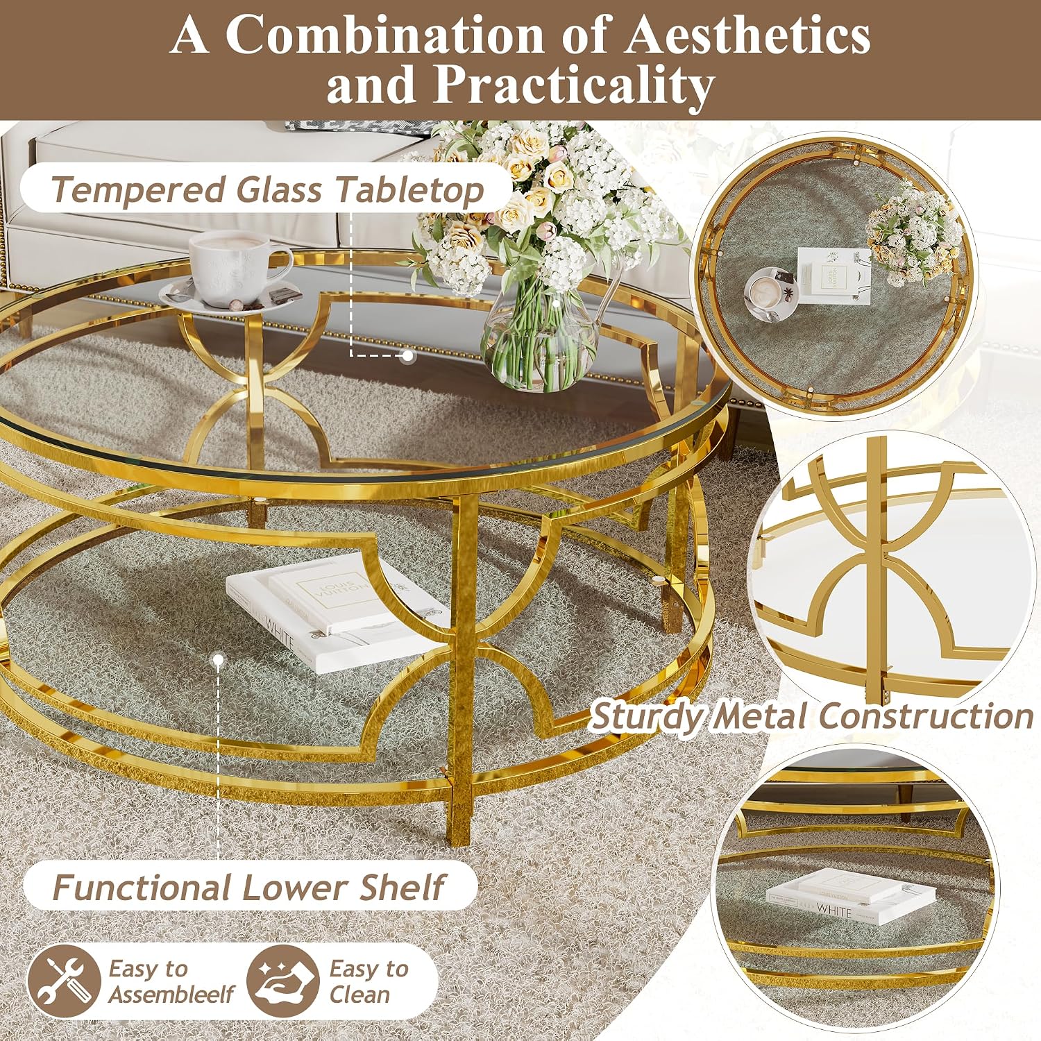 Merax 30.7' Round Tempered Glass Coffee Table, Luxurious Gold Geometric Metal Frame Side Table with Lower Storage Shelf, Modern Accent End Tables for Living Room, Bedroom, Apartment, Transparent