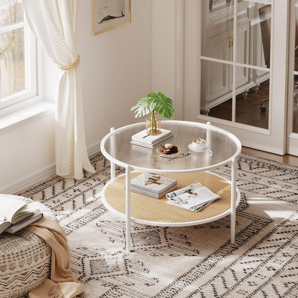 30' Round Rattan Coffee Table, 2-Tier White Gold Glass Storage Center Table for Living Room, Modern Circle Small Round Coffee Table with Tempered Water-Wave Glass Top & Metal Frame for Bedroom, Office