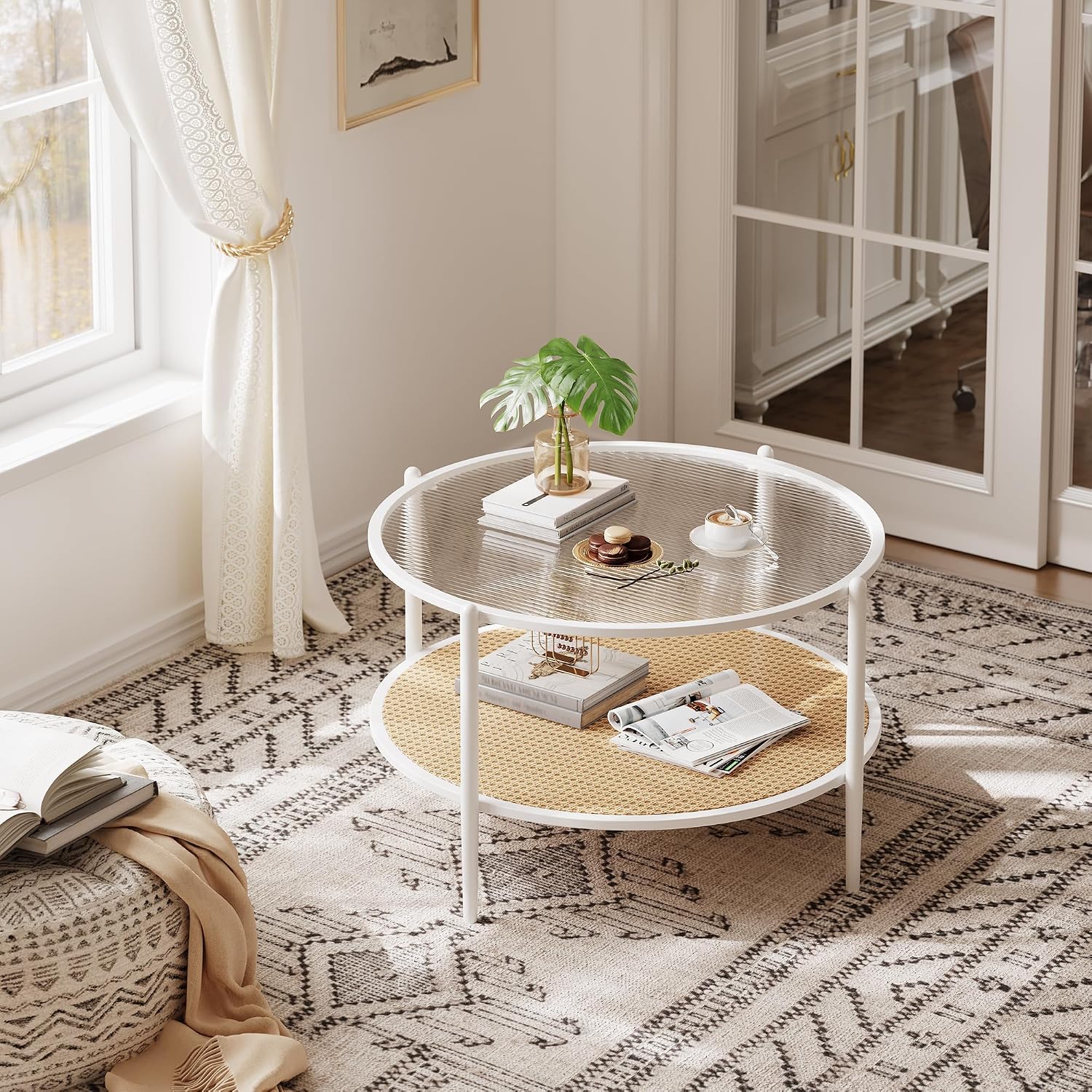 30' Round Rattan Coffee Table, 2-Tier White Gold Glass Storage Center Table for Living Room, Modern Circle Small Round Coffee Table with Tempered Water-Wave Glass Top & Metal Frame for Bedroom, Office