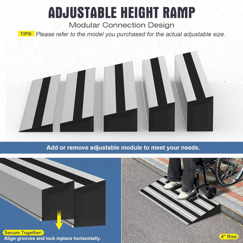 5' Rise Modular Threshold Ramp for Doorways, Stable Wheelchair Ramp for Home Steps, Aluminum Door Ramp and Curb Ramp for Scooters, Power Chairs, Cars, 1100LBS Load Capacity