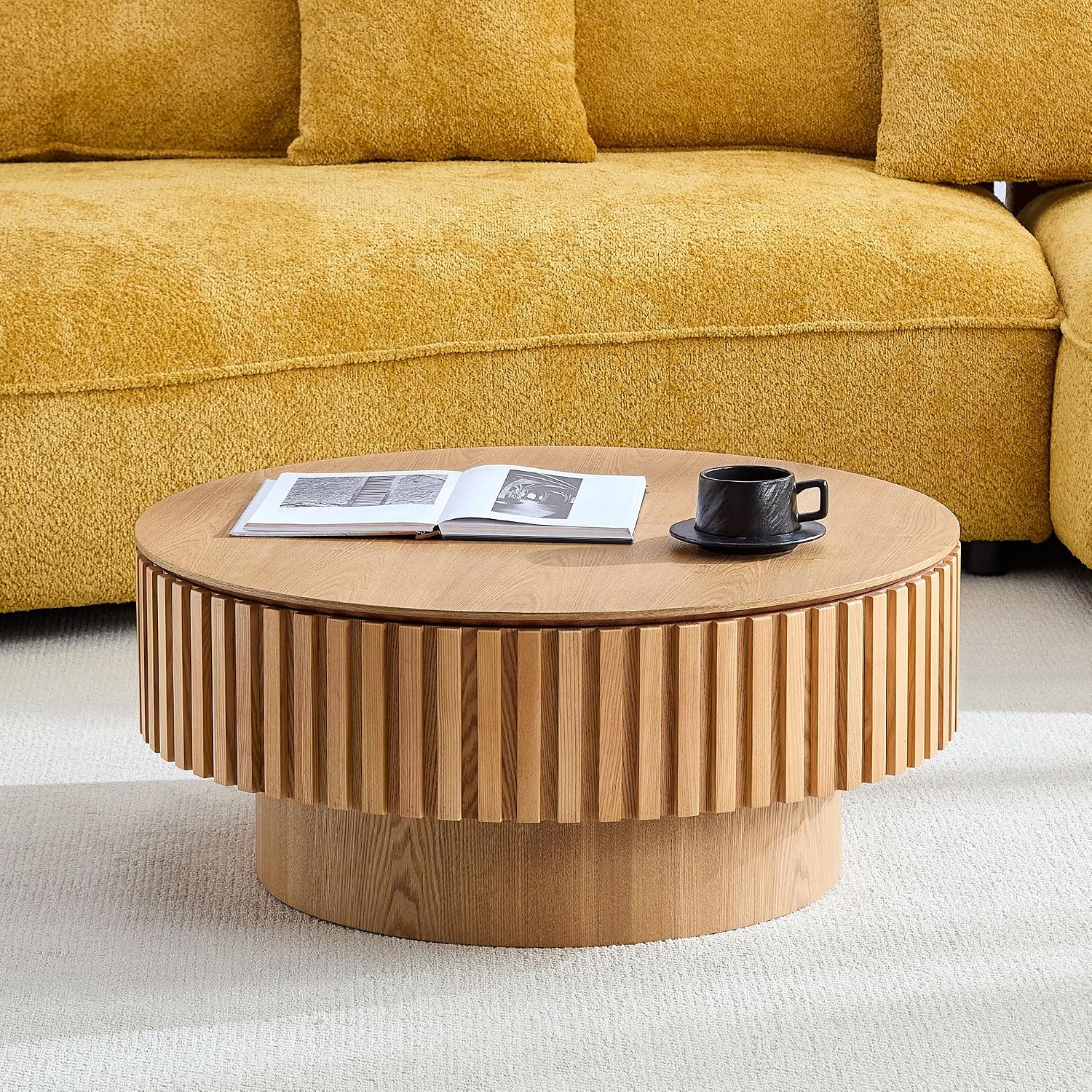 WILLIAMSPACE 31.49' Round Coffee Table with Storage for Living Room, Modern Circle Center Table with Solid Wood Veneered & Sturdy Pedestal, Accent End Tea Table for Apartment - Oak
