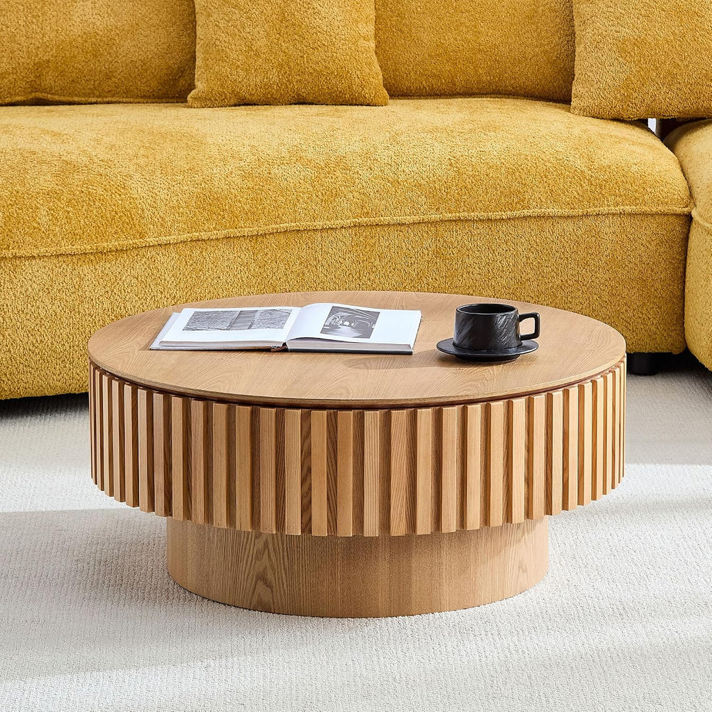 31.49'' Round Coffee Table Modern Wood Coffee Table with Storage for Living Room, Circle Fluted Drum Pedestal Style, Easy Assembly, Oak