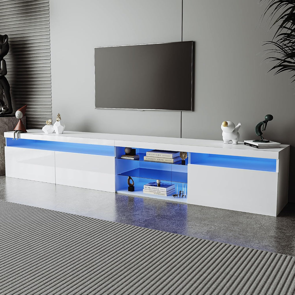 Ball & Cast Modern TV Stand for TVs up to 105 inch, 95' Entertainment Center with LED Lights and 2 Open Glass Shelves, Media Console w/Storage Cabinets for Living Room, Bedroom, White