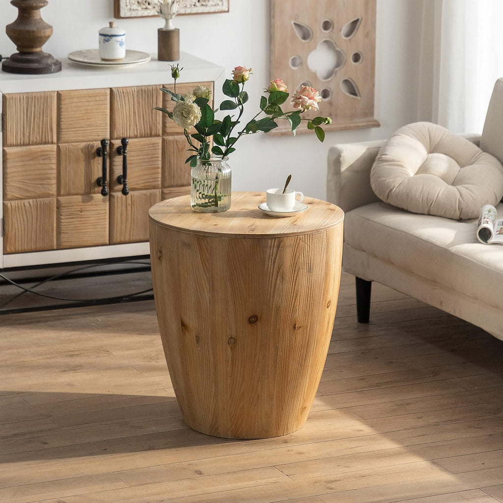 Wood Coffee Table End Table Side Table with Storage for Living Room, Modern Retro Farmhouse Round Bucket Drum Shaped Coffee Table for Apartment Office (ø21'' x 23.4'')