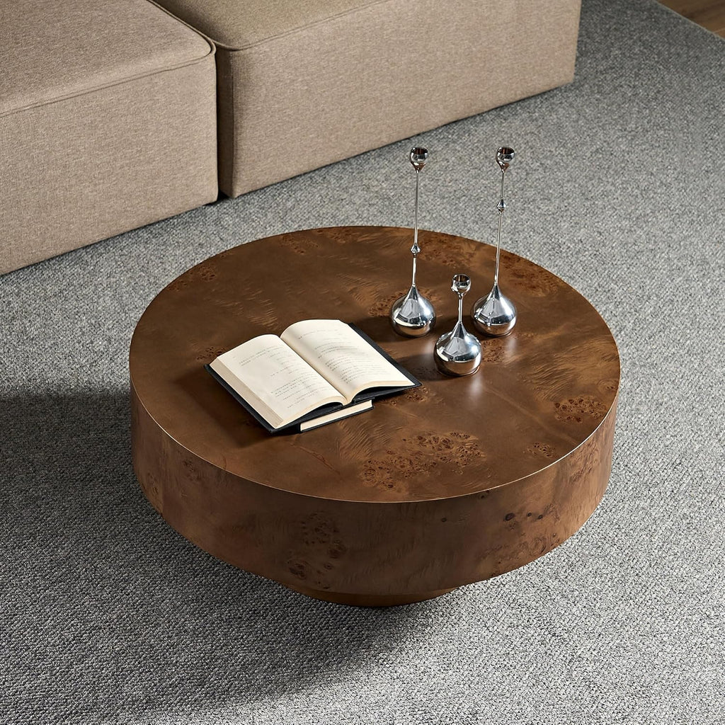 Round Coffee Table, 31.49' Burl Wood Pattern Center Table with Sturdy Pedestal for Living Room Apartment Office, Walnut
