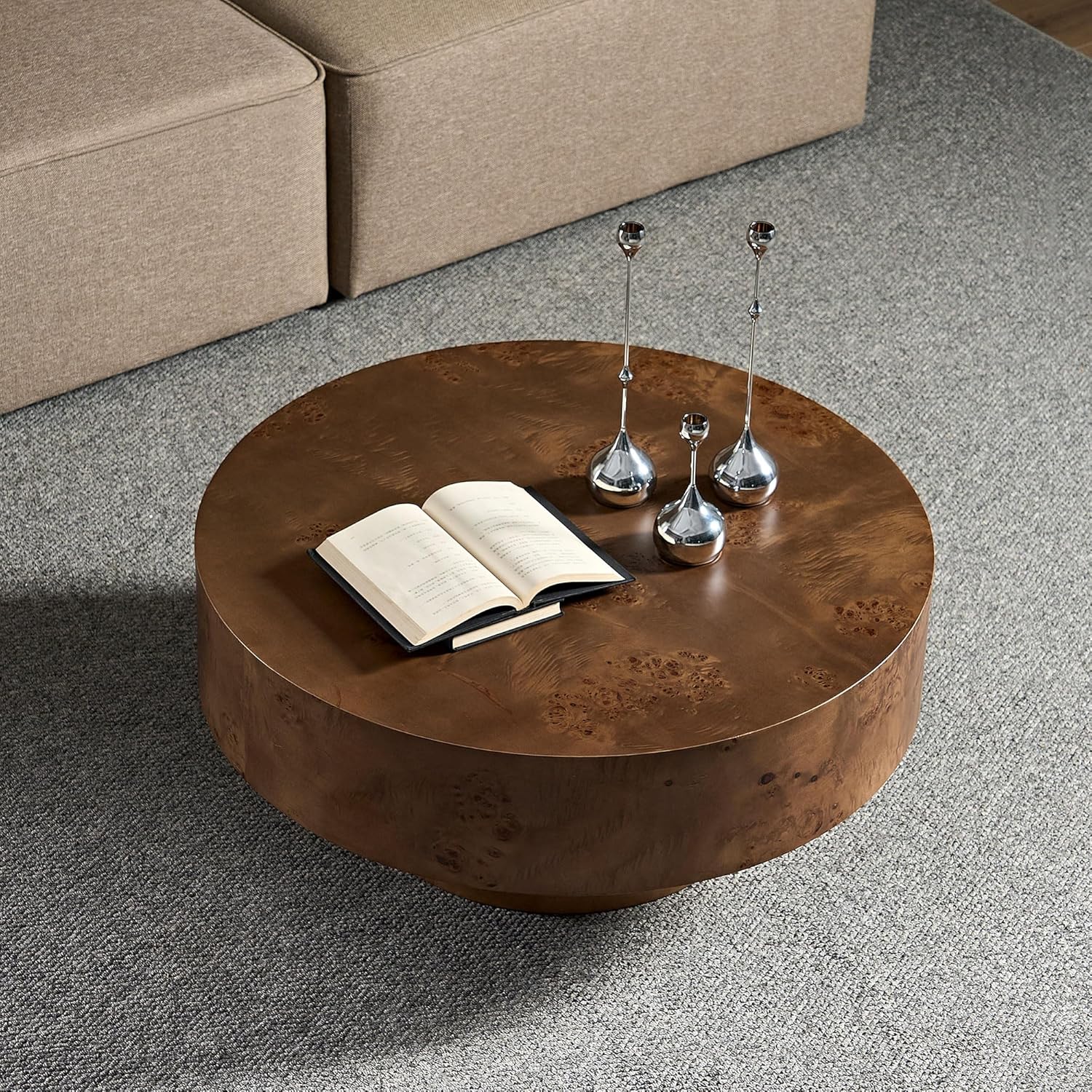 Round Coffee Table, 31.49' Burl Wood Pattern Center Table with Sturdy Pedestal for Living Room Apartment Office, Walnut