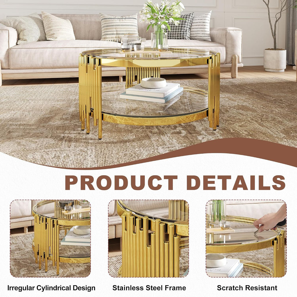 2-Tier Glass Coffee Table for Living Room, 35 inch Round Center Table with Tempered Glass Top and Stainless Steel Frame for Apartment, Home, Easy Assembly, Gold/Clear