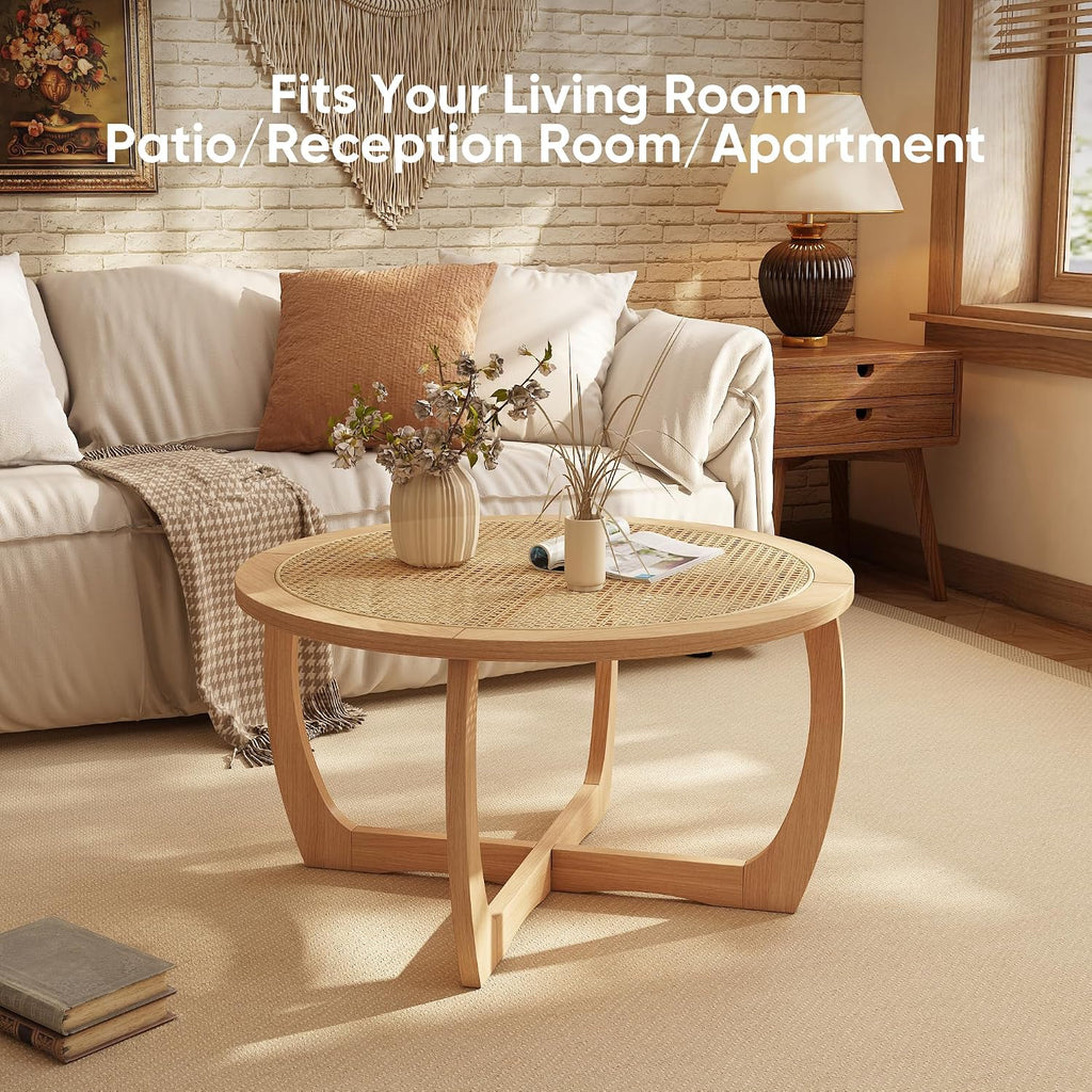 PADMA HOUSE Round Wood Coffee Table with Handmade Rattan Top, Solid Circle Wooden Center Table with Curved Legs, Farmhouse Cocktail Table for Living Room, Light Brown 32.28' x 18'
