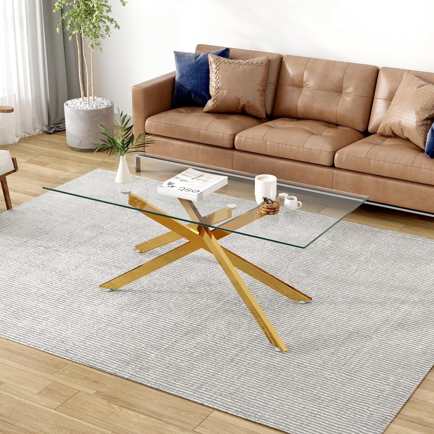 Glass Coffee Table Set of 3 Piece, Living Room Tables Set of 3 Pcs, Including 1 Coffee Table and 2 End Side Tables, Metal Frame, Tempered Glass, for Small Space, Apartment (Golden, W39.37' + W17.72')